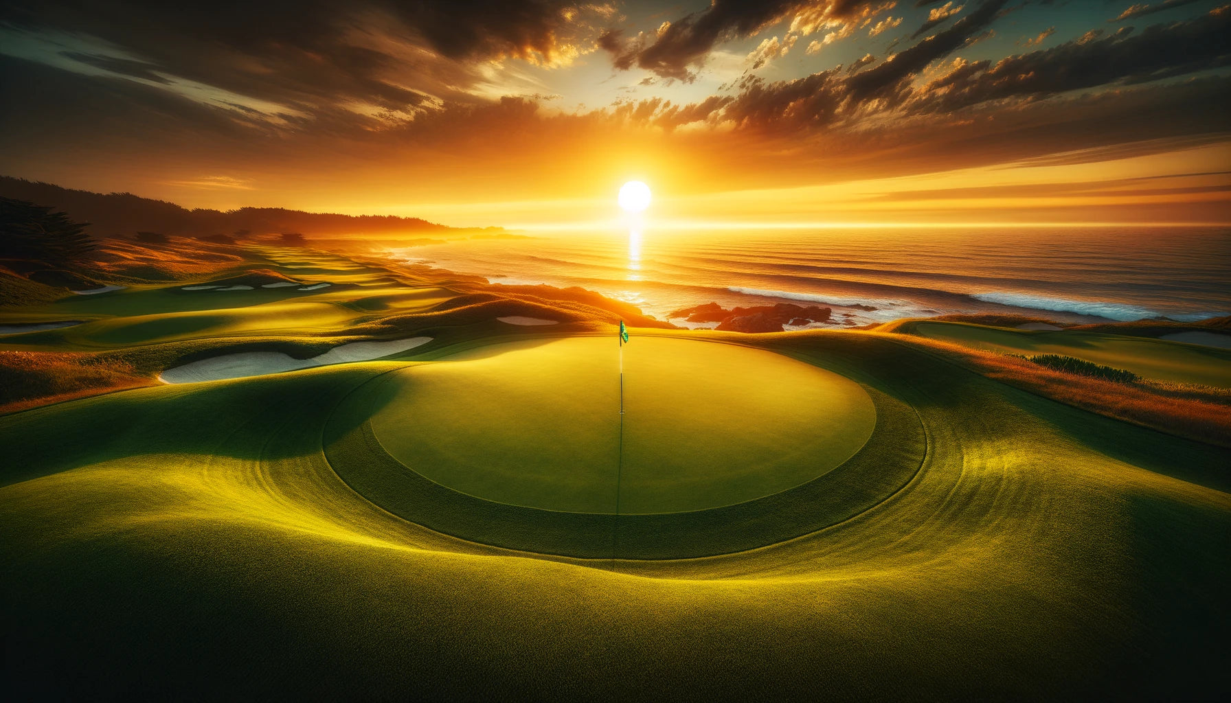 Golf green with a sunset ocean view